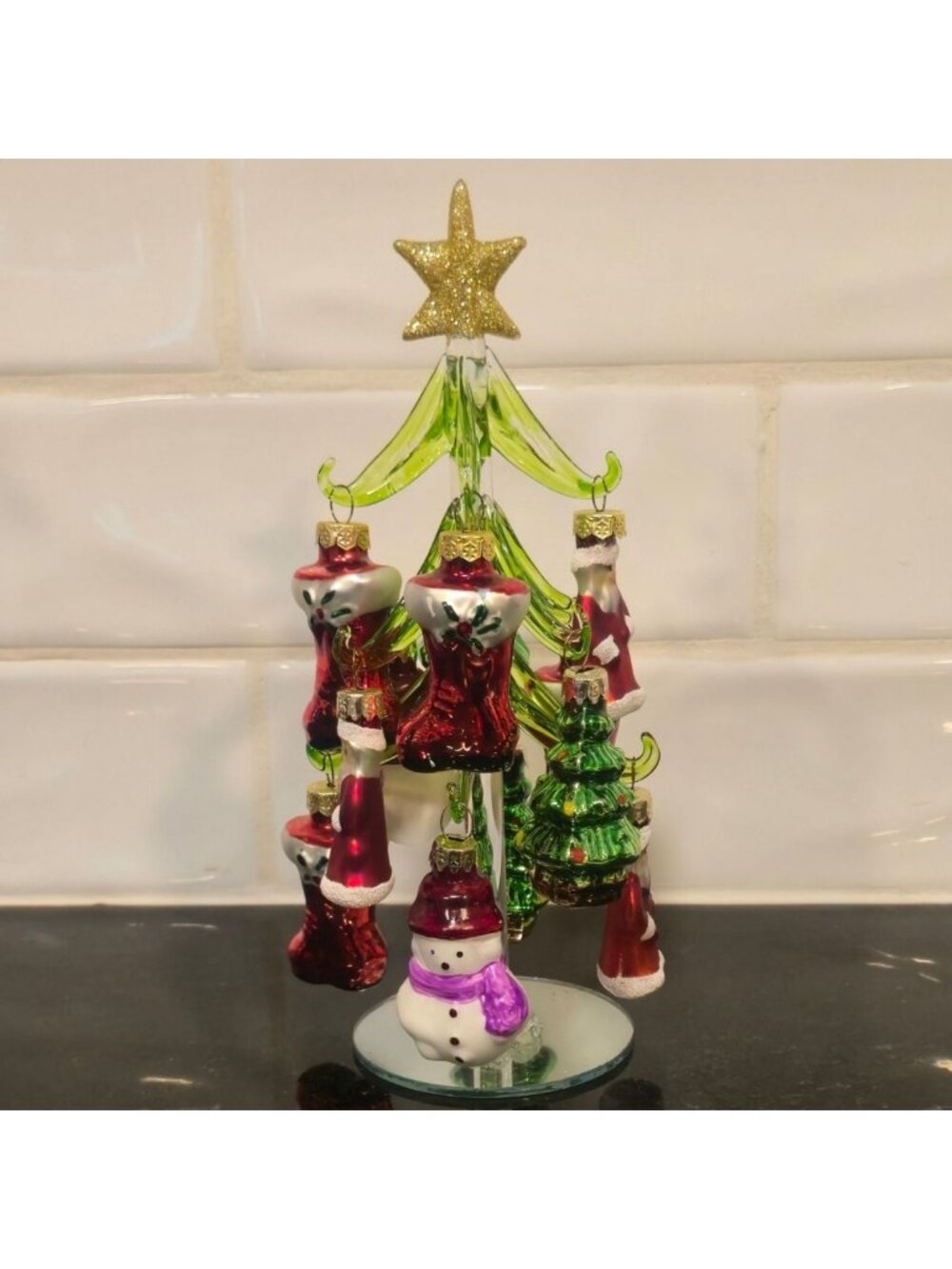 Vintage glass Christmas Tree with Mini mercury Ornaments Hand Blown snowman 8" - Picture 12 of 13